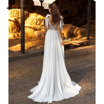 NumberSea Sexy Side Slit Boho Wedding Dresses Sweep Train Charming Beach Chiffon A Line Lace Bridal Gowns V Neck vestido de novia 2021