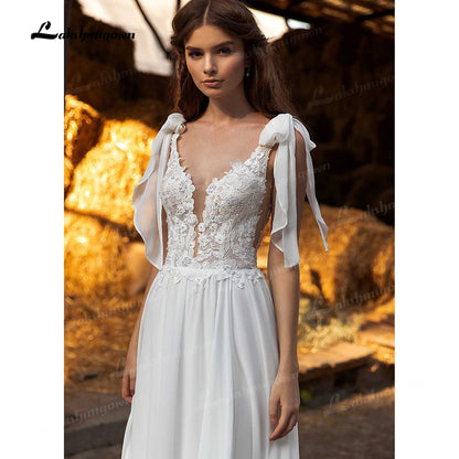 NumberSea Sexy Side Slit Boho Wedding Dresses Sweep Train Charming Beach Chiffon A Line Lace Bridal Gowns V Neck vestido de novia 2021