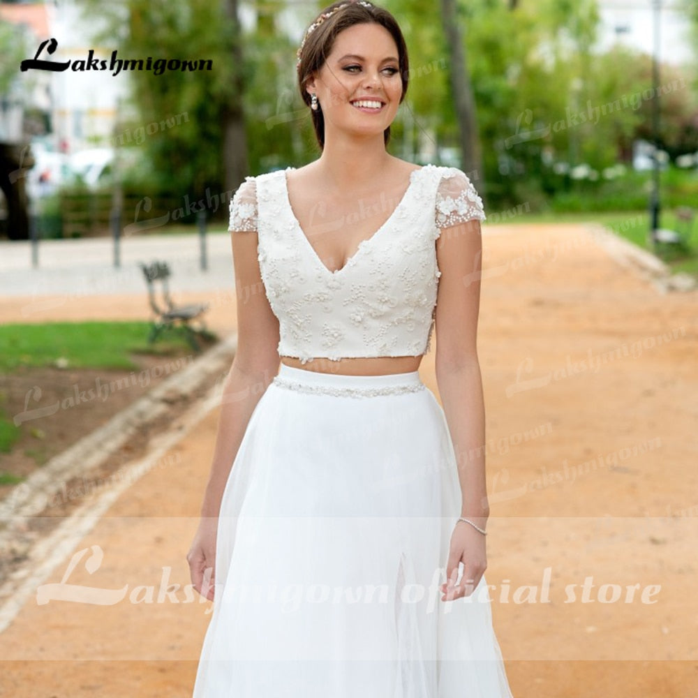 NumberSea Sexy Hochzeitskleid Boho 2021 Zwei Stücke 2 A-Linie Chiffon Seitenschlitz Bodenlang Langarm Bohemian Brautkleider Robe De Marie