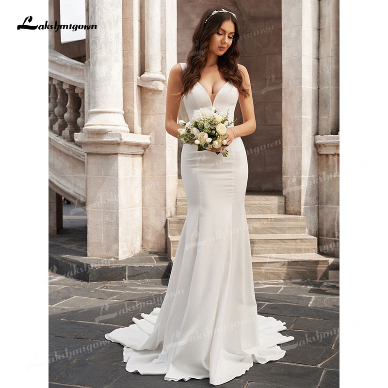 NumberSea Sexy Elegante Meerjungfrau Brautkleider Weichen Satin Ärmellose Tiefem U-ausschnitt Hof-schleppe Bodenlangen vestidos de novia