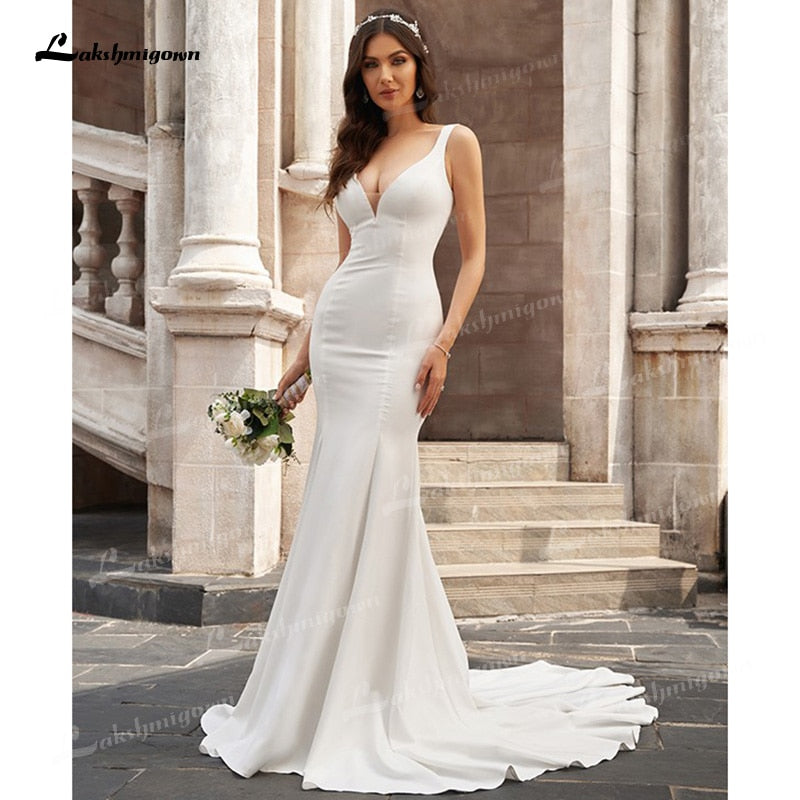 NumberSea Sexy Elegante Meerjungfrau Brautkleider Weichen Satin Ärmellose Tiefem U-ausschnitt Hof-schleppe Bodenlangen vestidos de novia