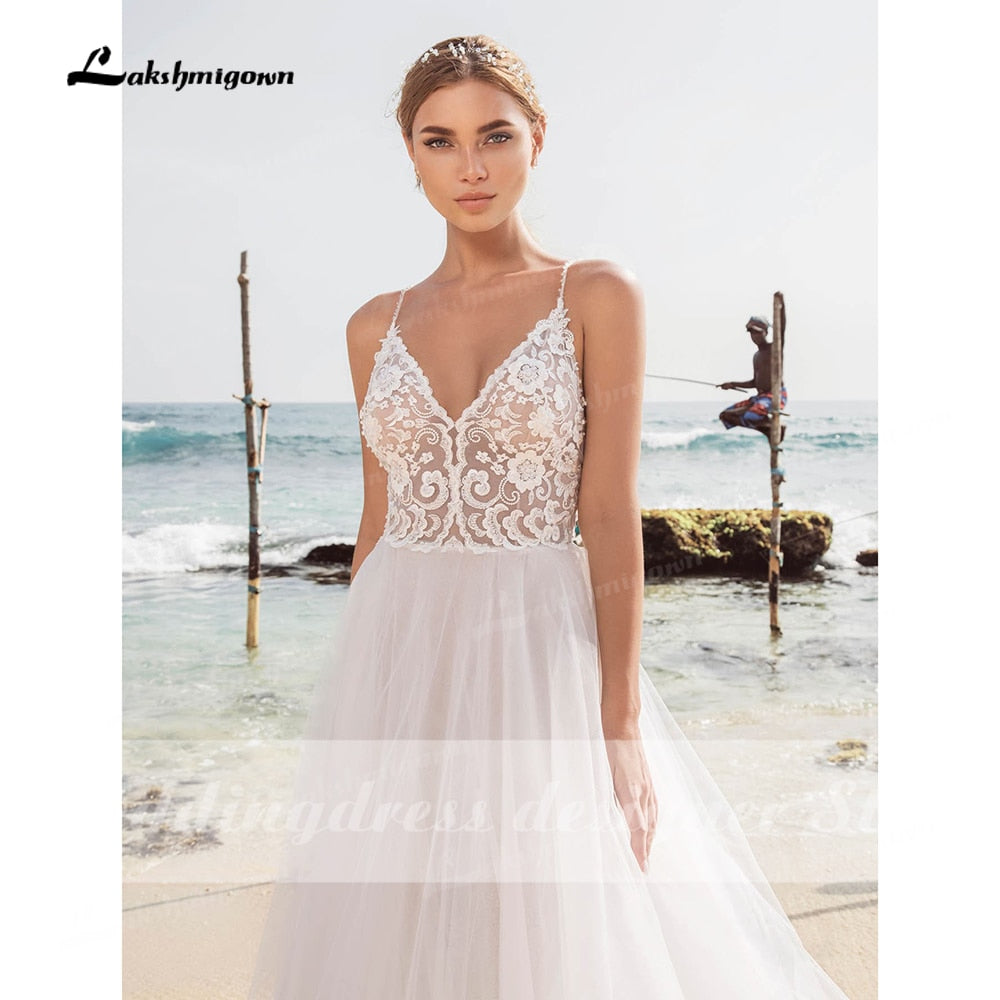 NumberSea Sexy Beach Lace Wedding Dresses V Neck Bohemian Spaghetti Straps Beaded Bridal Gown Bride To Be Luxruy Bridal Dress Robe Mariee