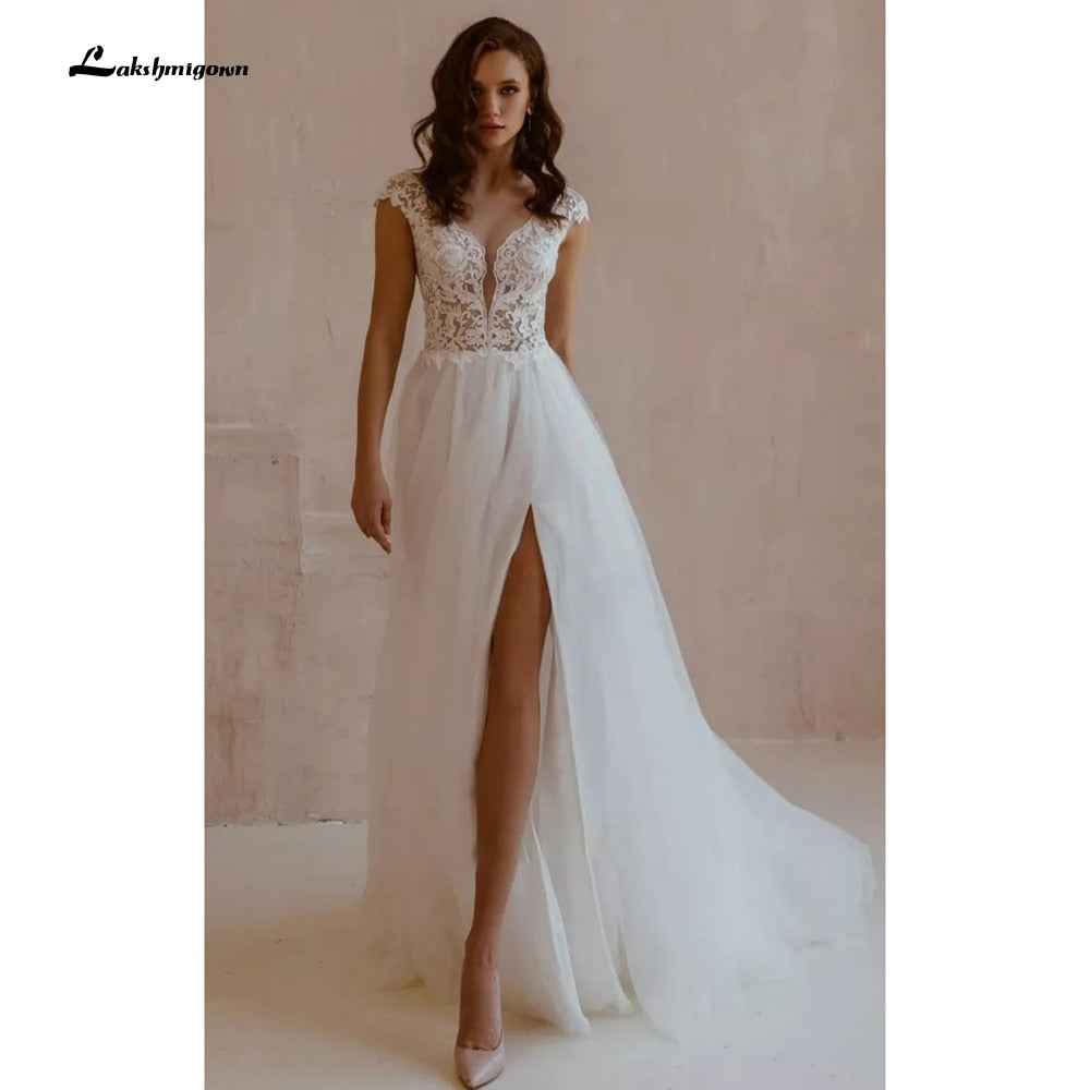 NumberSea Sexy Kurzarm A-Linie Spitzentüll V-Ausschnitt Hochzeitskleid mit Schlitz vorn Boho Chic Spitze Elfenbeinweiß Brautkleid abito da sposa