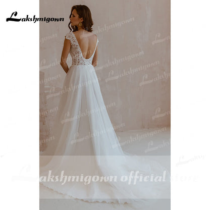 NumberSea Sexy Kurzarm A-Linie Spitzentüll V-Ausschnitt Hochzeitskleid mit Schlitz vorn Boho Chic Spitze Elfenbeinweiß Brautkleid abito da sposa