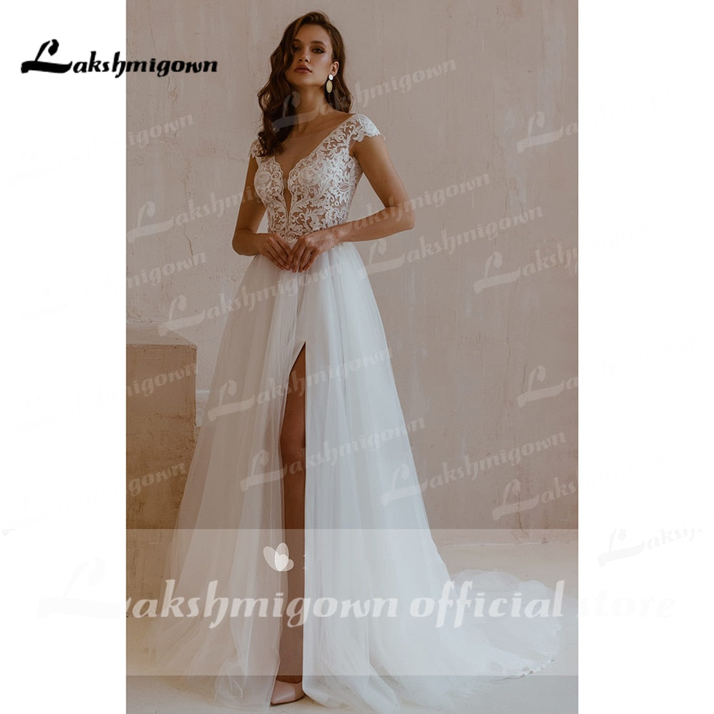 NumberSea Sexy Kurzarm A-Linie Spitzentüll V-Ausschnitt Hochzeitskleid mit Schlitz vorn Boho Chic Spitze Elfenbeinweiß Brautkleid abito da sposa