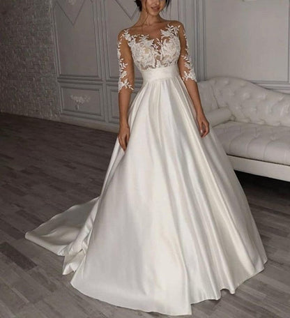 NumberSea Satin Wedding Dresses Boho Short Sleeves Bow Pocket Bridal Dress Lace Appliques Wedding Gown Custom Made