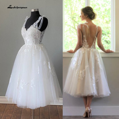 NumberSea Kurze Brautkleider Sommer 2021 Tee Länge Robe De Mariée V-ausschnitt Spitze appliques Braut Kleid Vestido De Novia