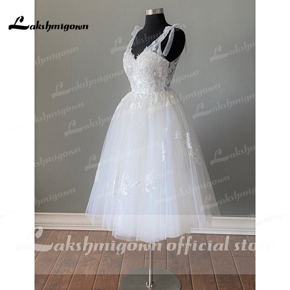 NumberSea Kurze Brautkleider Sommer 2021 Tee Länge Robe De Mariée V-ausschnitt Spitze appliques Braut Kleid Vestido De Novia