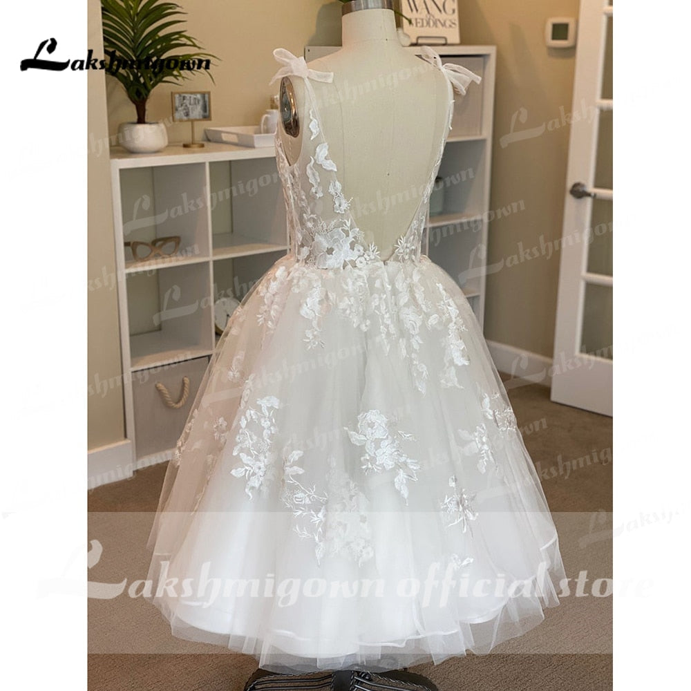 NumberSea Short Wedding Dresses Summer 2021 Tea Length Robe De Mariée V-Neck Lace appliques Bride Dress Vestido De Novia