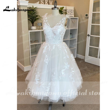 NumberSea Short Wedding Dresses Summer 2021 Tea Length Robe De Mariée V-Neck Lace appliques Bride Dress Vestido De Novia