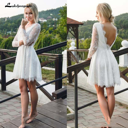 NumberSea Sexy rückenfreies kurzes Strand-Brautkleid A-Linie volle Spitze durchsichtige lange Ärmel Sommer Bohemian Boho Brautkleider