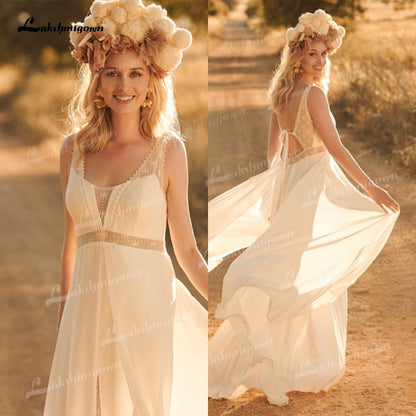 NumberSea Schlichtes Boho-Spitzen-Hochzeitskleid 2021 Strandhochzeitskleid V-Ausschnitt Chiffon A-Linie Brautkleid Rückenfrei Vestido De Noiva Brautkleid