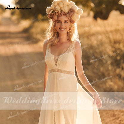 NumberSea Schlichtes Boho-Spitzen-Hochzeitskleid 2021 Strandhochzeitskleid V-Ausschnitt Chiffon A-Linie Brautkleid Rückenfrei Vestido De Noiva Brautkleid