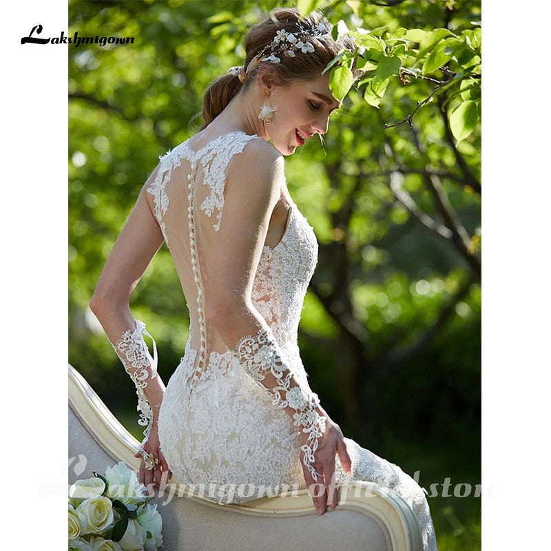 NumberSea Sexy Illusion Mermaid Wedding Dresses V Neck Court Train All Over Lace Regular Straps Sexy Backless with Appliques Button