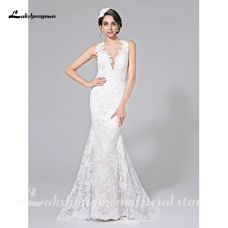 NumberSea Sexy Illusion Mermaid Wedding Dresses V Neck Court Train All Over Lace Regular Straps Sexy Backless with Appliques Button