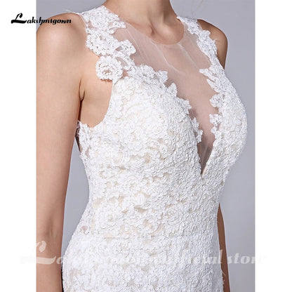 NumberSea Sexy Illusion Mermaid Wedding Dresses V Neck Court Train All Over Lace Regular Straps Sexy Backless with Appliques Button