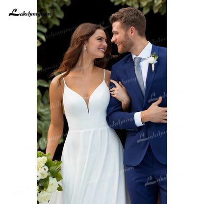 NumberSea Simple A-Line Soft Satin Wedding Dresses 2021 V-Neck Sleeveless Lace Spaghetti Straps Hidden Skirt Pockets Backless Bride Gown