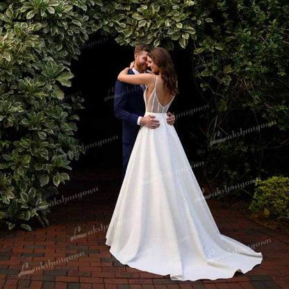 NumberSea Simple A-Line Soft Satin Wedding Dresses 2021 V-Neck Sleeveless Lace Spaghetti Straps Hidden Skirt Pockets Backless Bride Gown