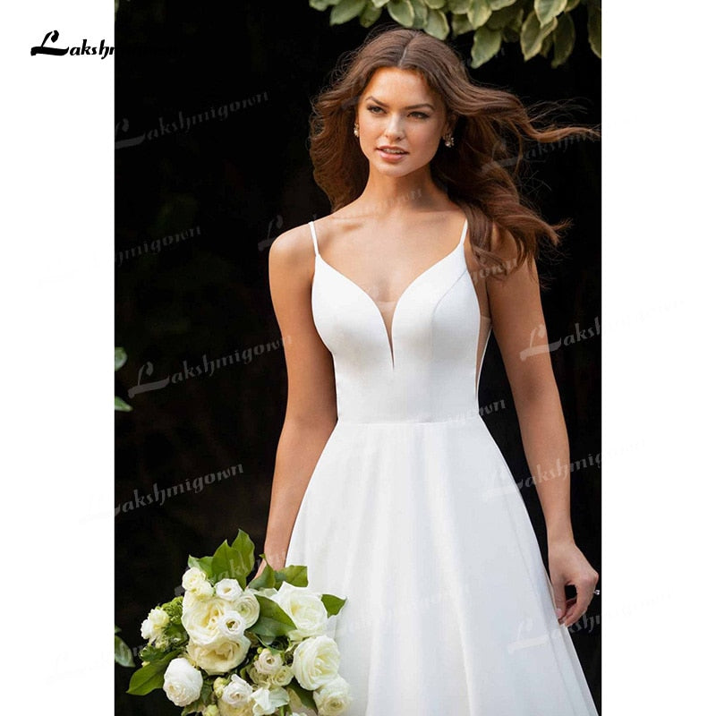 NumberSea Simple A-Line Soft Satin Wedding Dresses 2021 V-Neck Sleeveless Lace Spaghetti Straps Hidden Skirt Pockets Backless Bride Gown