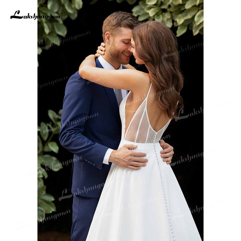 NumberSea Simple A-Line Soft Satin Wedding Dresses 2021 V-Neck Sleeveless Lace Spaghetti Straps Hidden Skirt Pockets Backless Bride Gown