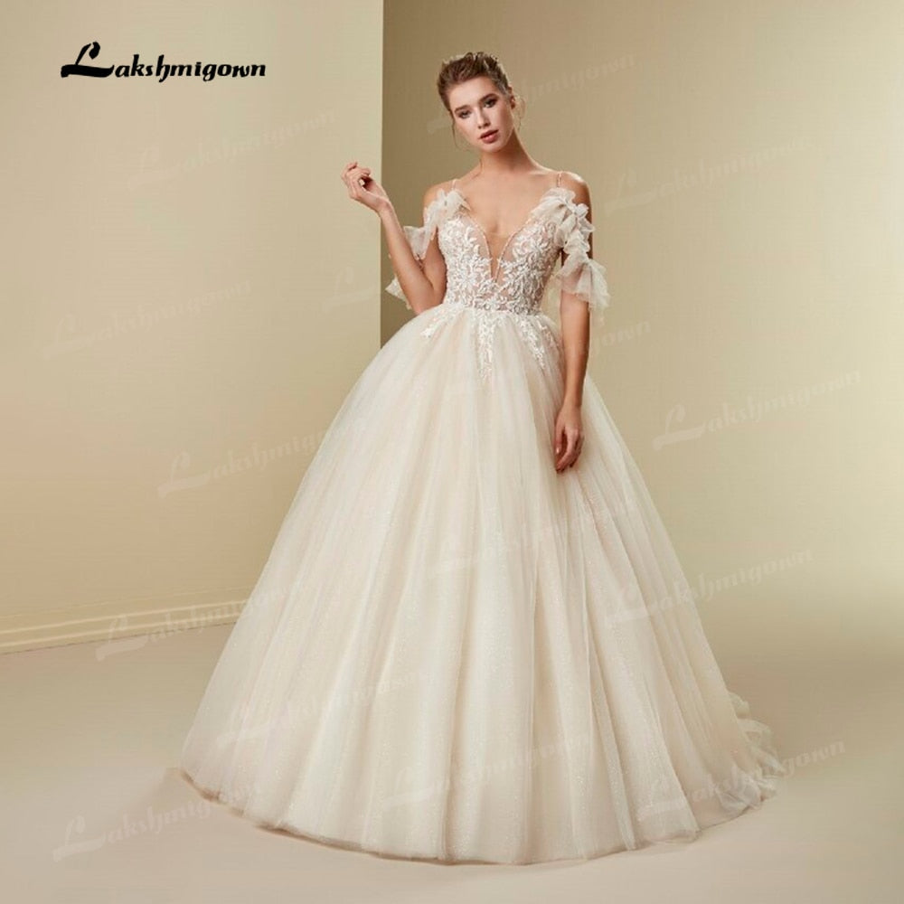 NumberSea Princess Ball Gown Wedding Dress Boho 2021 Casamento 3D Flower Sexy V Neck Spaghetti Strap Bridal Gowns Lace Up robe de mariee