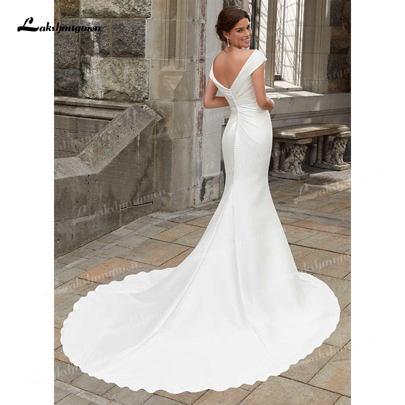 NumberSea Simple Soft Satin Mermaid Wedding Dresses V-Neck Cap-Sleeve Open Back Sleeveless Pleats Court Train Bride Gowns abiti da sposa