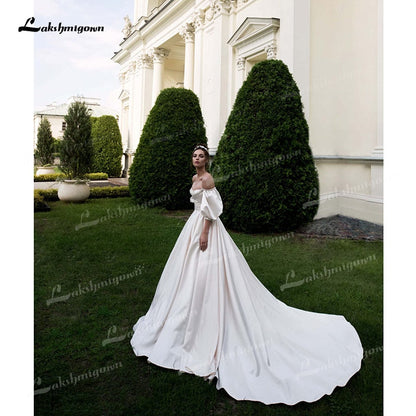 NumberSea Soft Satin A-Line Wedding Dresses Sweetheart Neck Puff Half Sleeve With Beading Corset Open Back Chapel Train Bride Gowns Pleat