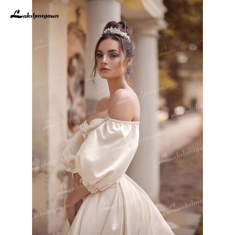 NumberSea Soft Satin A-Line Wedding Dresses Sweetheart Neck Puff Half Sleeve With Beading Corset Open Back Chapel Train Bride Gowns Pleat