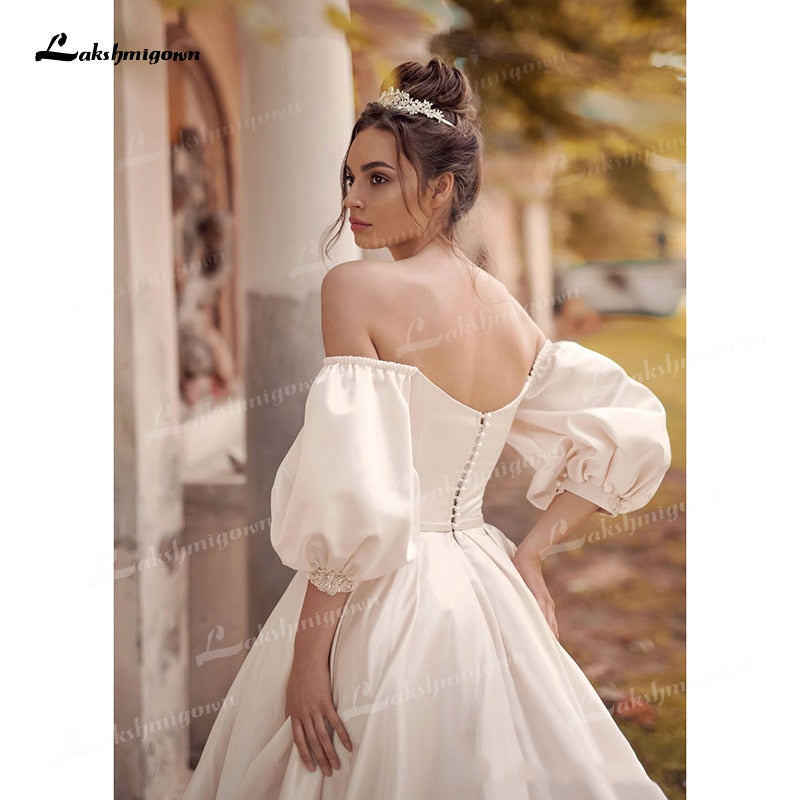 NumberSea Soft Satin A-Line Wedding Dresses Sweetheart Neck Puff Half Sleeve With Beading Corset Open Back Chapel Train Bride Gowns Pleat