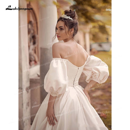 NumberSea Soft Satin A-Line Wedding Dresses Sweetheart Neck Puff Half Sleeve With Beading Corset Open Back Chapel Train Bride Gowns Pleat