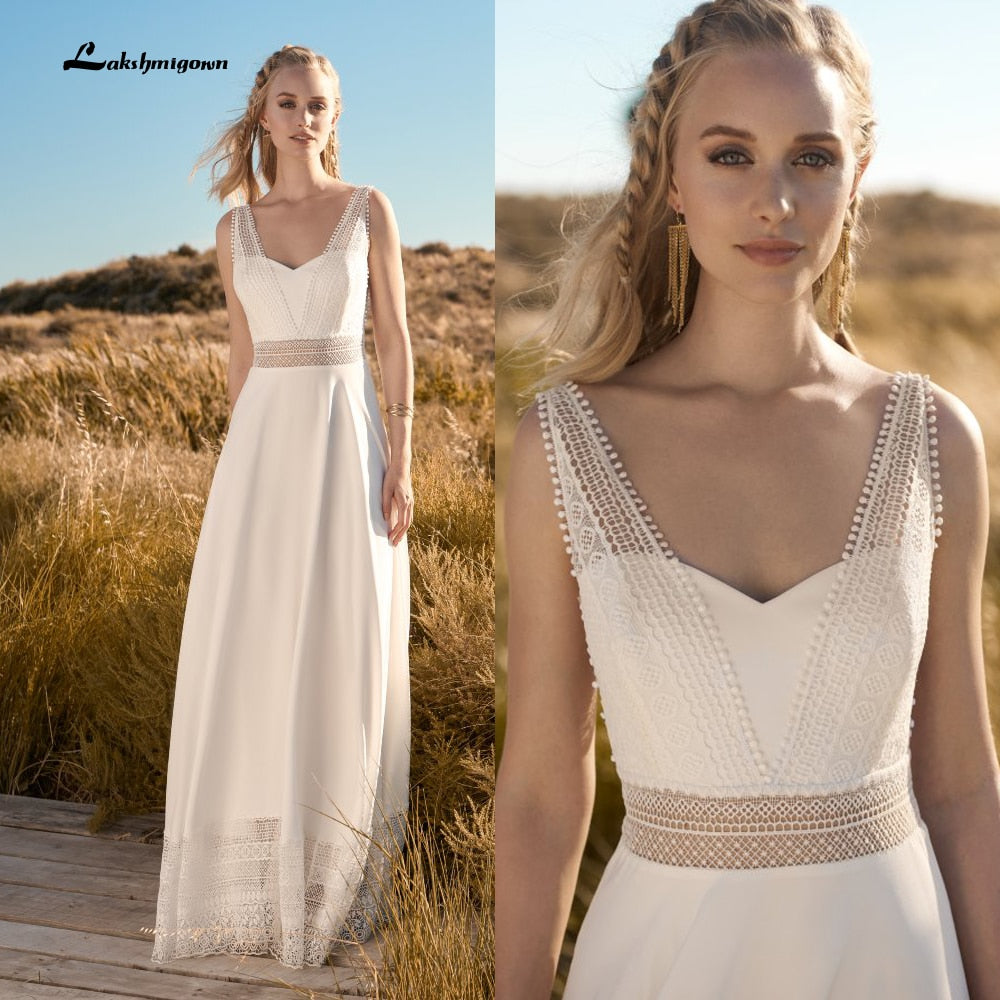 NumberSea Einfaches Strandhochzeitskleid aus Spitze, Robe Mariage 2021, schickes Boho-Brautempfangs-Hochzeitskleid aus Spitze mit offenem Rücken, Lakshmigown