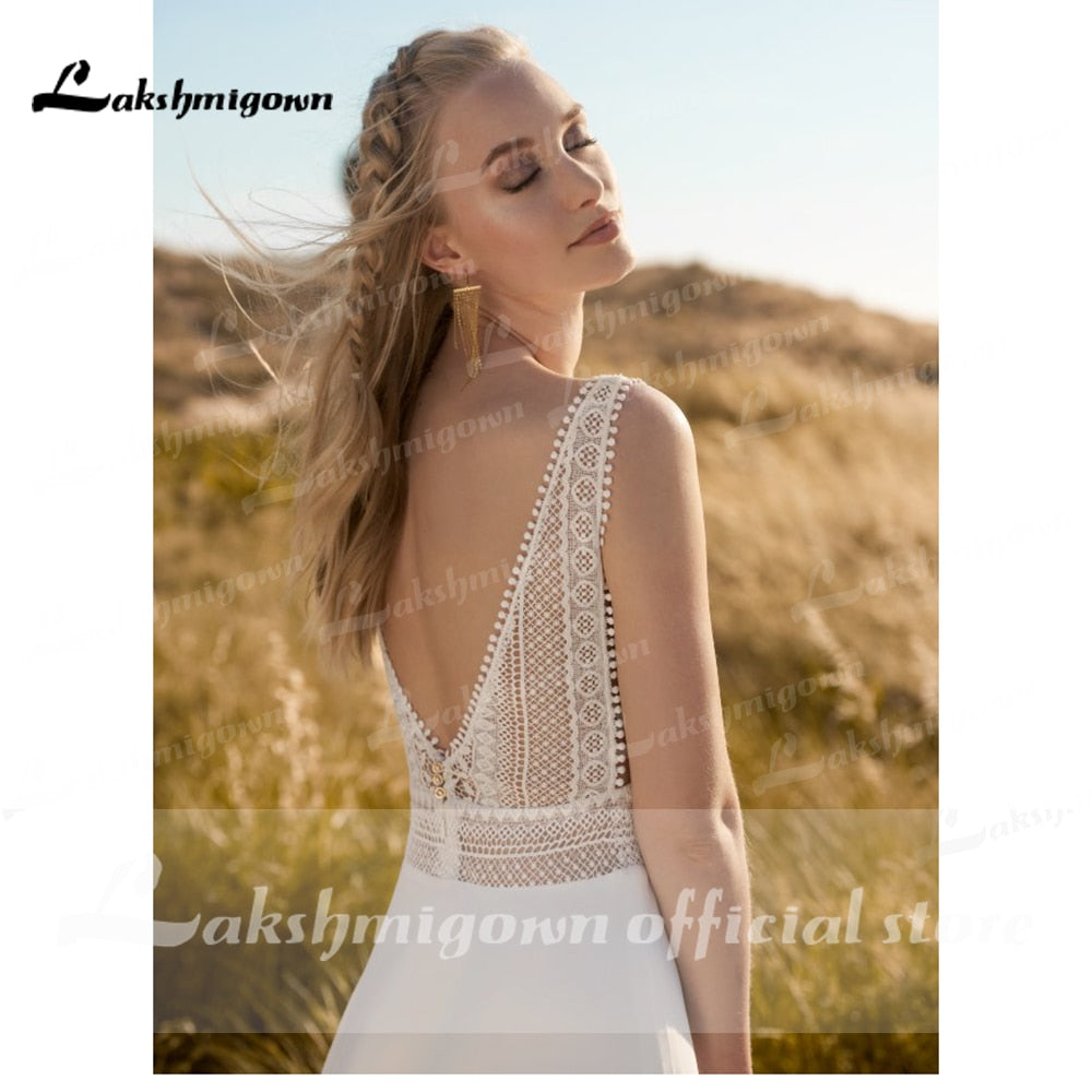 NumberSea Einfaches Strandhochzeitskleid aus Spitze, Robe Mariage 2021, schickes Boho-Brautempfangs-Hochzeitskleid aus Spitze mit offenem Rücken, Lakshmigown