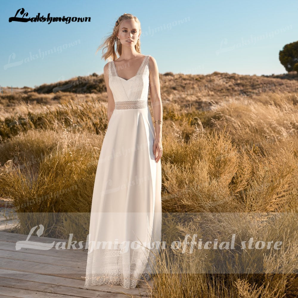 NumberSea Einfaches Strandhochzeitskleid aus Spitze, Robe Mariage 2021, schickes Boho-Brautempfangs-Hochzeitskleid aus Spitze mit offenem Rücken, Lakshmigown