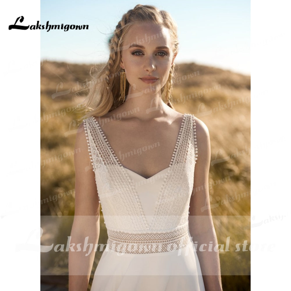 NumberSea Einfaches Strandhochzeitskleid aus Spitze, Robe Mariage 2021, schickes Boho-Brautempfangs-Hochzeitskleid aus Spitze mit offenem Rücken, Lakshmigown