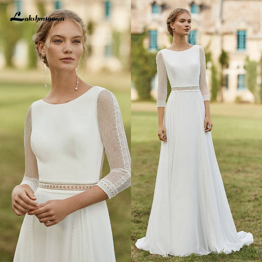 NumberSea Simple Boho Wedding Dresses 2021 Removable Train Scoop Neck vestido de novia Chiffon A Line Bridal Dresses with 3/4 Sleeves