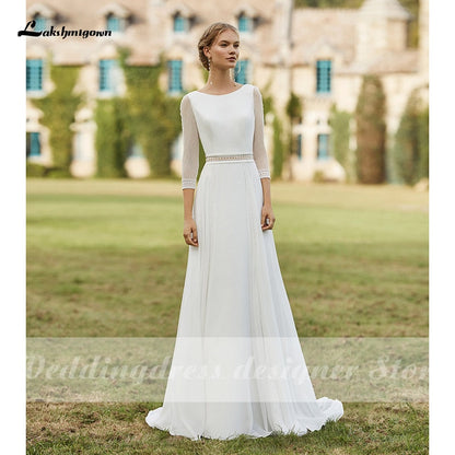 NumberSea Simple Boho Wedding Dresses 2021 Removable Train Scoop Neck vestido de novia Chiffon A Line Bridal Dresses with 3/4 Sleeves