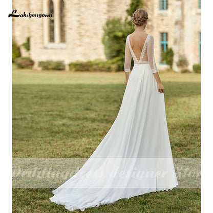 NumberSea Schlichte Boho-Brautkleider 2021 Abnehmbare Schleppe U-Ausschnitt Vestido de Novia Chiffon A-Linie Brautkleider mit 3/4-Ärmeln