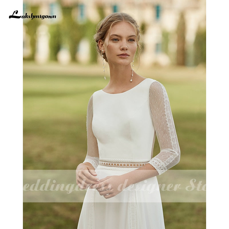 NumberSea Simple Boho Wedding Dresses 2021 Removable Train Scoop Neck vestido de novia Chiffon A Line Bridal Dresses with 3/4 Sleeves