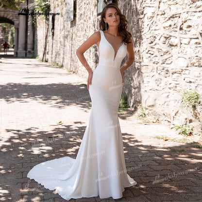 NumberSea Simple Sexy Mermaid Wedding Dresses V Neck Sleeveless Beading Court Train Backless Soft Satin Gown Bridal Gown robe mariage