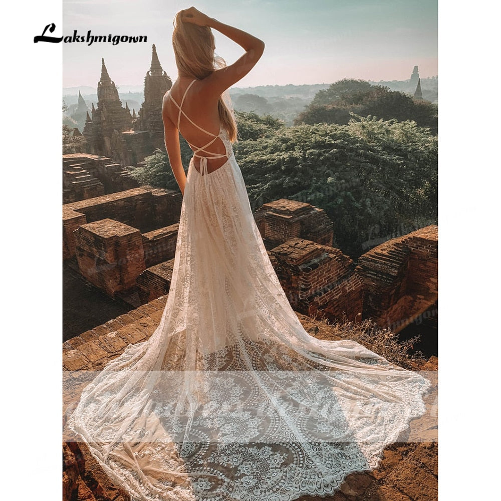 NumberSea Vestido Summer Boho Wedding Dresses Criss-cross Strap Floral Embroidery Bodice Lace Beach Sexy Simple Wedding Bridal Gown 2022