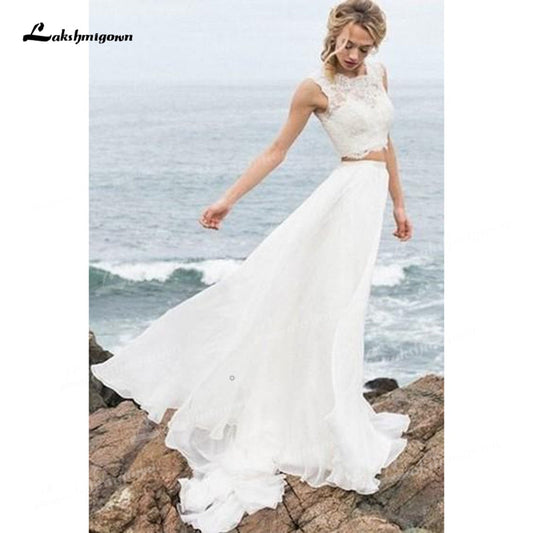 NumberSea Two Piece Chiffon A-Line Boho Wedding Dresses O-Neck Cap Short Sleeve Sweep/Brush Train Bride Gowns Appliques Pleats Lace Simple