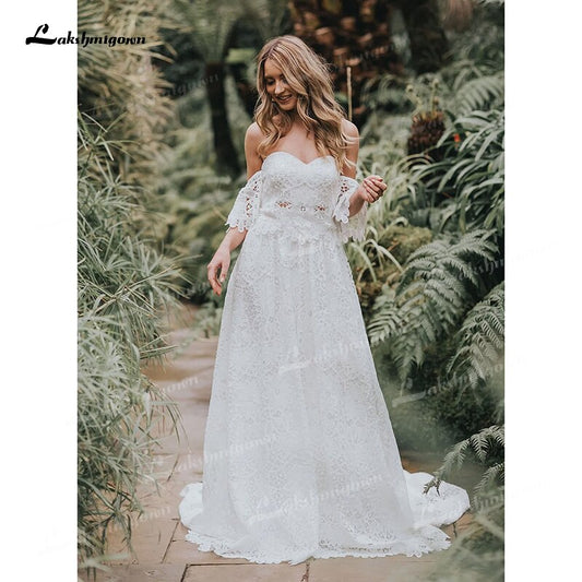 NumberSea Two Piece  Boho Long Wedding Dresses Sweetheart Neck Appliques Floor-Length  Sweep Train Lace Short Sleeve vestidos de novia