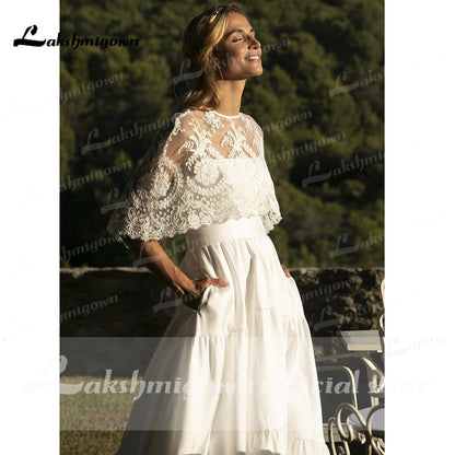 NumberSea Spaghetti Straps Two Pieces Satin Lace Detachable Shawl Wedding Dresses With Back Buttons Simple Elegant vestidos de novia 2021