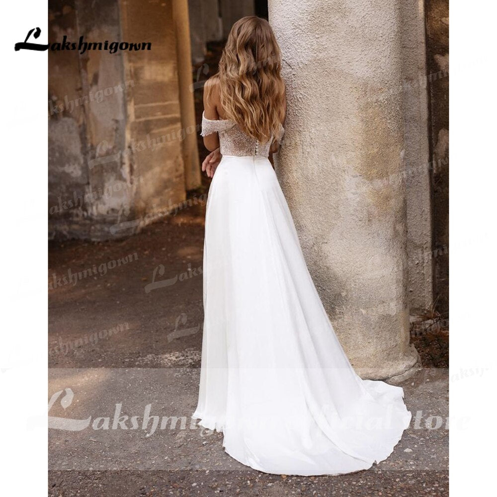 NumberSea suknie weselne 2021 Newest Two Pieces High Split Off The Shoulder Wedding Dresses With Back Buttons vestidos de mujer boda