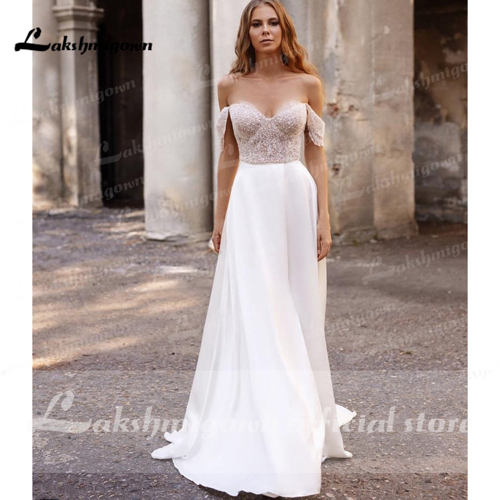 NumberSea suknie weselne 2021 Newest Two Pieces High Split Off The Shoulder Wedding Dresses With Back Buttons vestidos de mujer boda