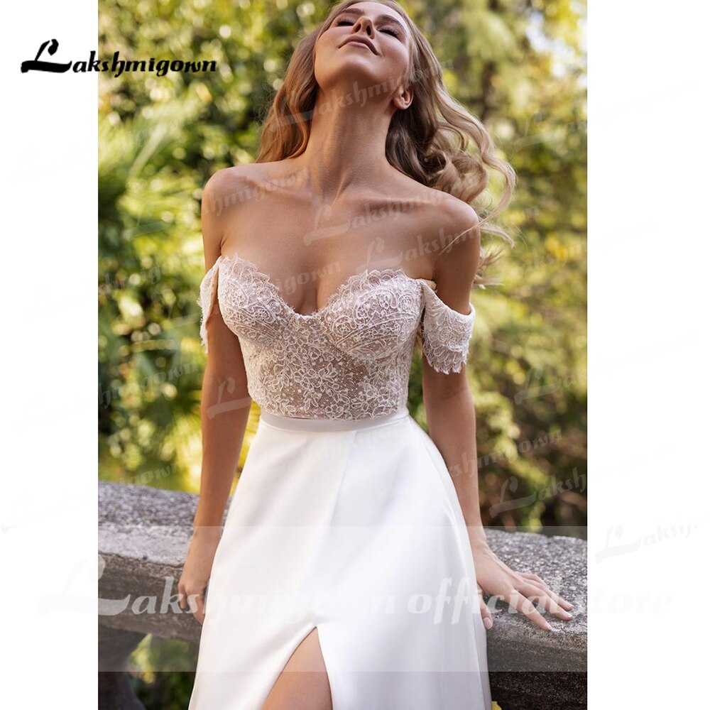 NumberSea suknie weselne 2021 Newest Two Pieces High Split Off The Shoulder Wedding Dresses With Back Buttons vestidos de mujer boda