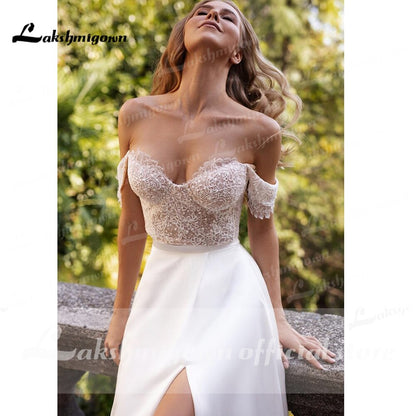 NumberSea suknie weselne 2021 Newest Two Pieces High Split Off The Shoulder Wedding Dresses With Back Buttons vestidos de mujer boda