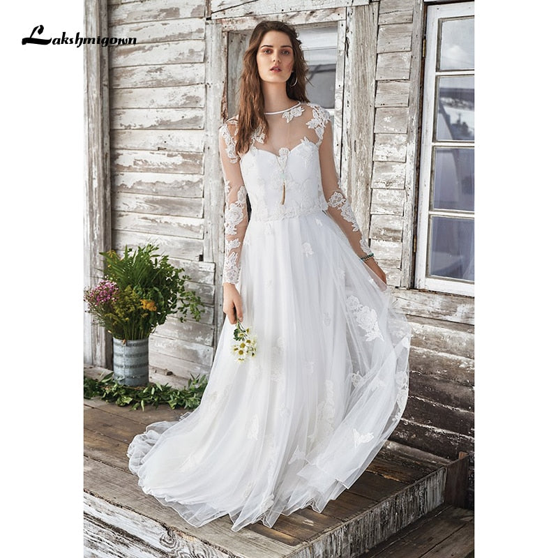 NumberSea White Wedding Dress Boho Two Pieces Sexy 2021 Bridal Gown Sleeveless Floor Length With Court Train Lace Appliques Elegant