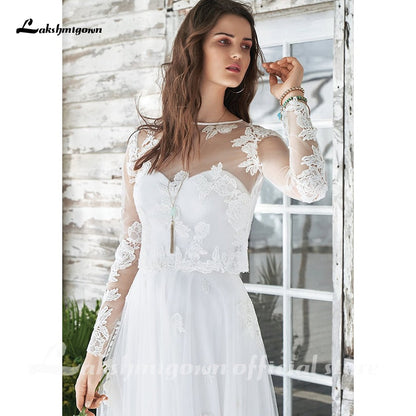 NumberSea White Wedding Dress Boho Two Pieces Sexy 2021 Bridal Gown Sleeveless Floor Length With Court Train Lace Appliques Elegant