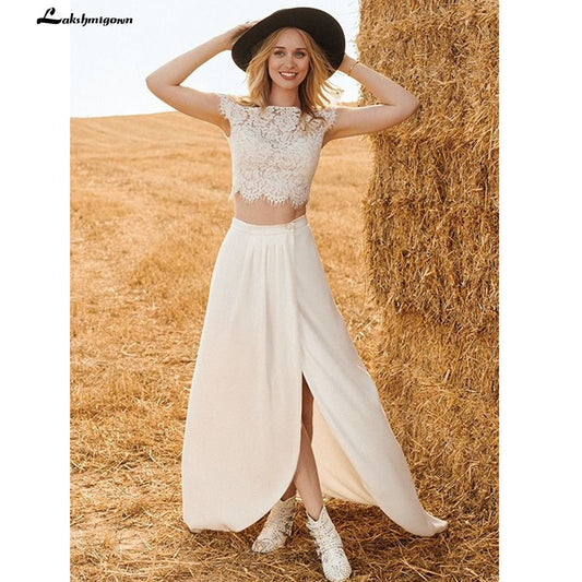 NumberSea Zweiteiliges Spitzen-Boho-Hochzeitskleid 2021 Abito da Sposa Seitenschlitz Prinzessin Brautempfangskleid Sommer Strandhochzeitskleider